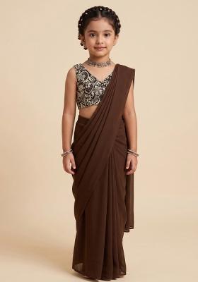 Brown Embroidered Crepe Pre Draped Saree Set For Girls