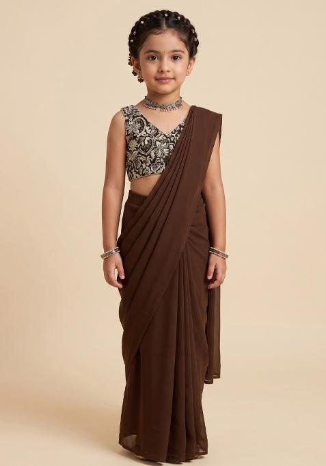 Brown Embroidered Crepe Pre Draped Saree Set For Girls — view on Indya