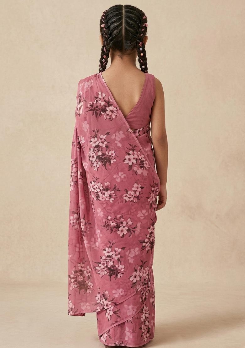 Blush Pink Floral Print Satin Pre Draped Saree Set For Girls - Indya