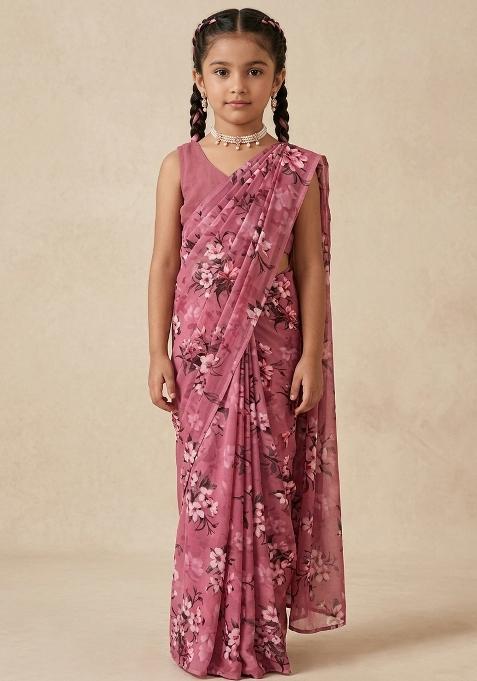 Blush Pink Floral Print Satin Pre Draped Saree Set For Girls