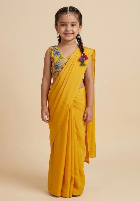 Mustard Printed Crepe Pre Draped Saree Set For Girls