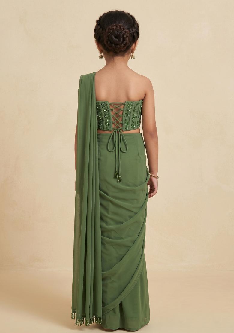 Sage Green Georgette Handwork Pre Draped Saree Set For Girls - Indya