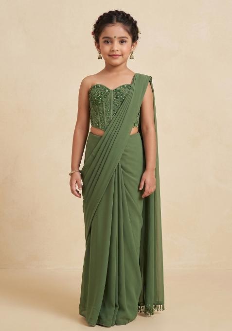Sage Green Georgette Handwork Pre Draped Saree Set For Girls