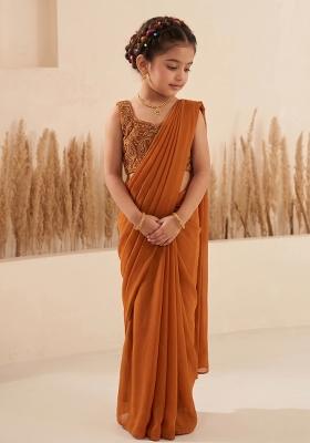 Rust Hand Work Georgette Pre Draped Saree Set For Girls