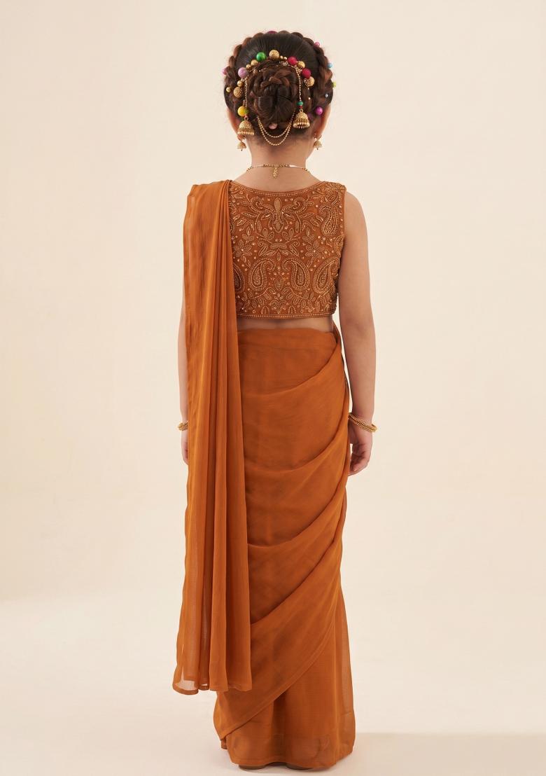 Rust Hand Work Georgette Pre Draped Saree Set For Girls - Indya