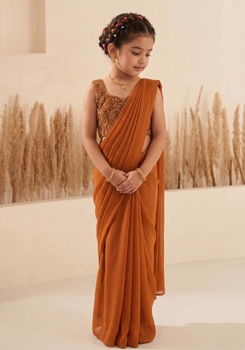 Rust Hand Work Georgette Pre Draped Saree Set For Girls