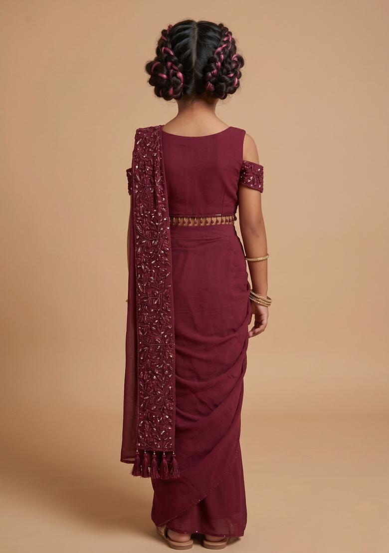 Wine Hand Work Chinon Pre Draped Saree Set For Girls - Indya