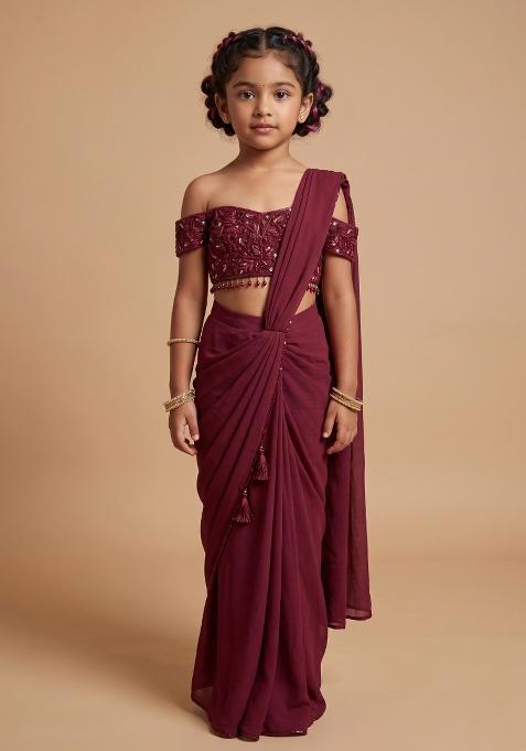 Wine Hand Work Chinon Pre Draped Saree Set For Girls