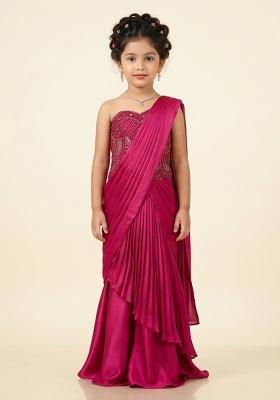 Soft Pink Hand Work Embellished Satin Pre Draped Saree Set For Girls