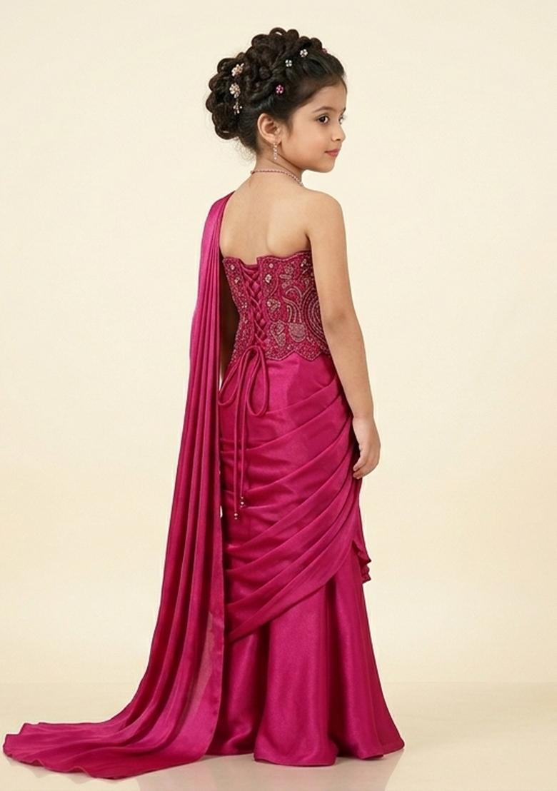 Soft Pink Hand Work Embellished Satin Pre Draped Saree Set For Girls - Indya