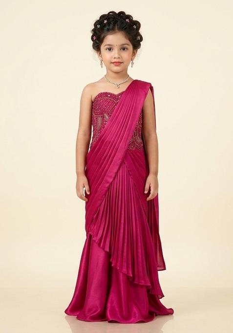 Soft Pink Hand Work Embellished Satin Pre Draped Saree Set For Girls