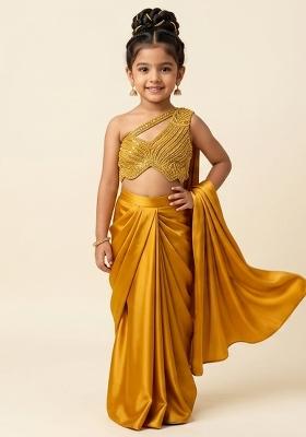 Bright Yellow Hand Work Embellished Satin Pre Draped Saree Set For Girls