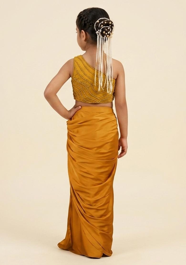 Bright Yellow Hand Work Embellished Satin Pre Draped Saree Set For Girls - Indya