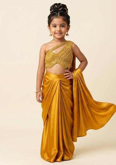 Bright Yellow Hand Work Embellished Satin Pre Draped Saree Set For Girls