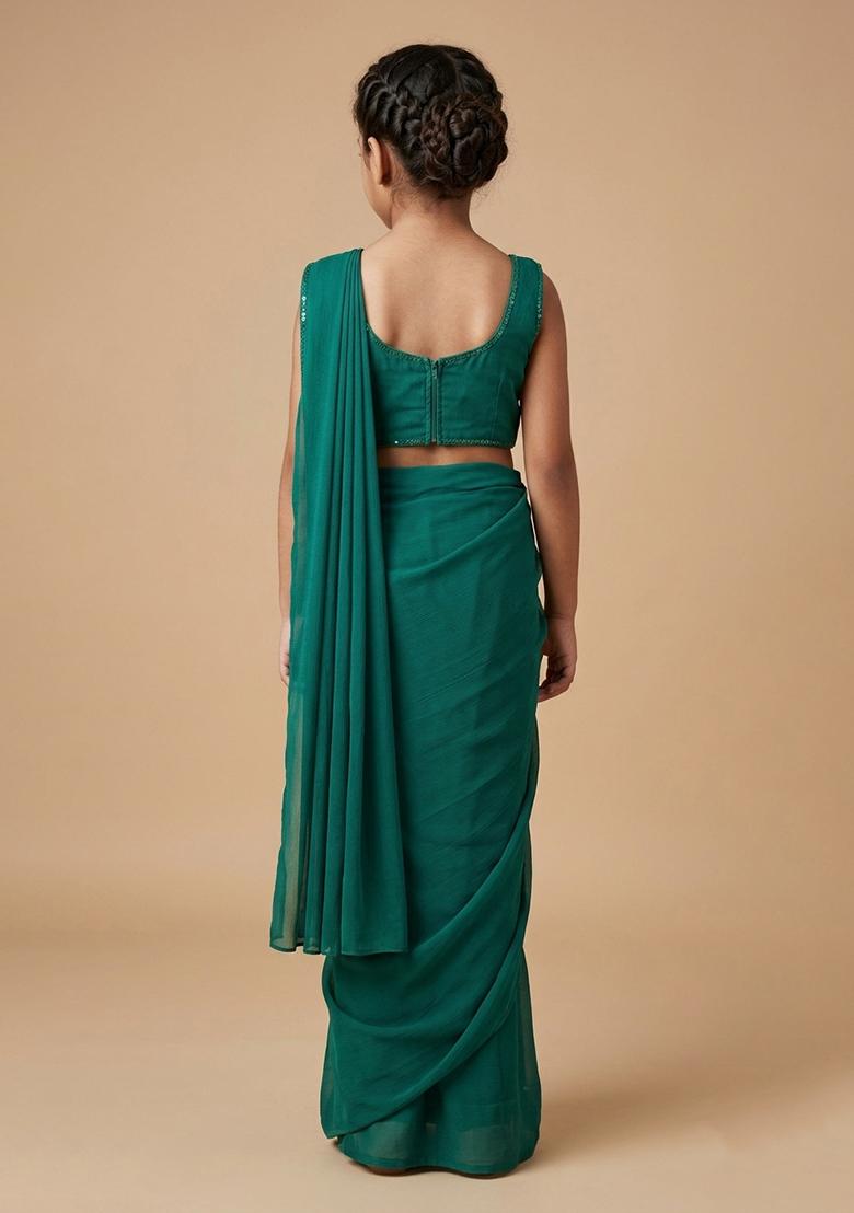 Light Green Hand Work Embellished Georgette Pre Draped Saree Set For Girls - Indya