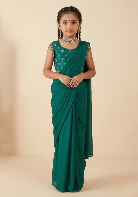 Light Green Hand Work Embellished Georgette Pre Draped Saree Set For Girls