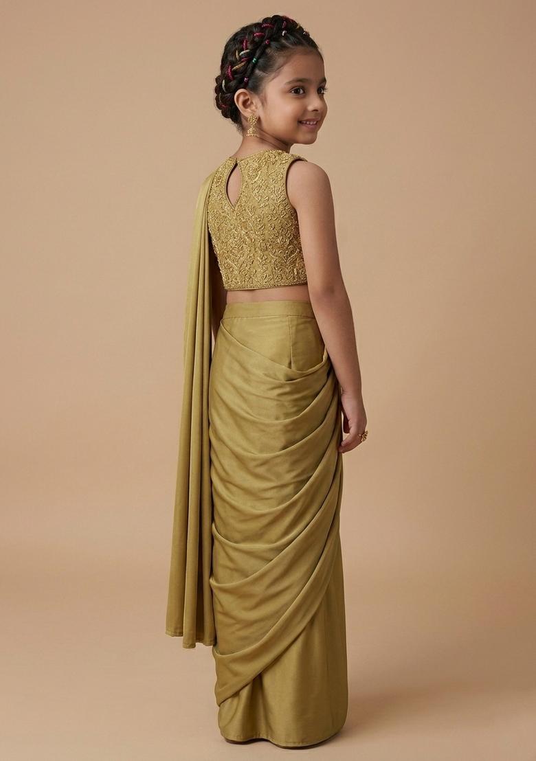 Golden Yellow Hand Work Sequin Pre Draped Saree Set For Girls - Indya