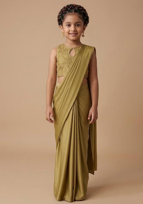 Golden Yellow Hand Work Sequin Pre Draped Saree Set For Girls