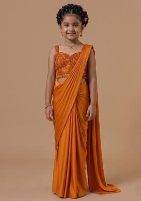 Bright Orange Hand Work Embellished Pre Draped Saree Set For Girls