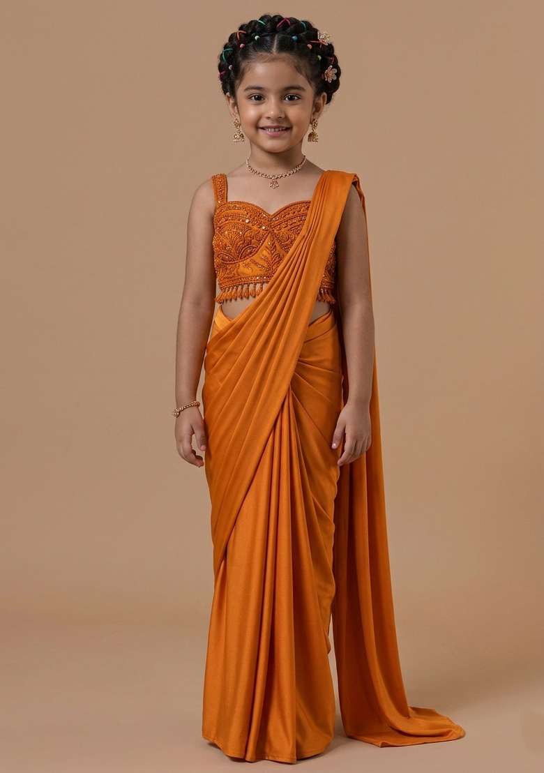 Bright Orange Hand Work Embellished Pre Draped Saree Set For Girls - Indya