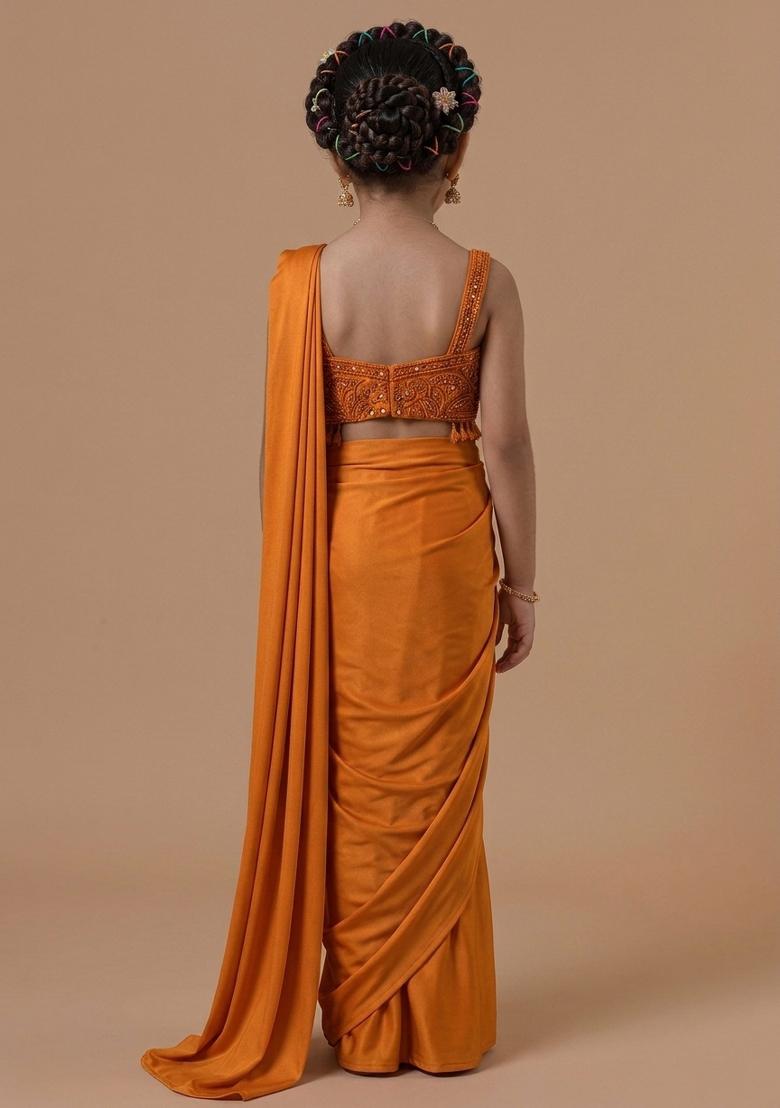 Bright Orange Hand Work Embellished Pre Draped Saree Set For Girls - Indya