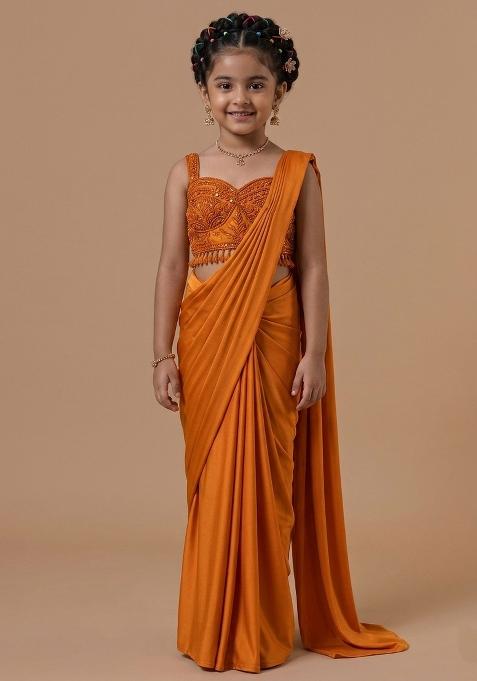Bright Orange Hand Work Embellished Pre Draped Saree Set For Girls