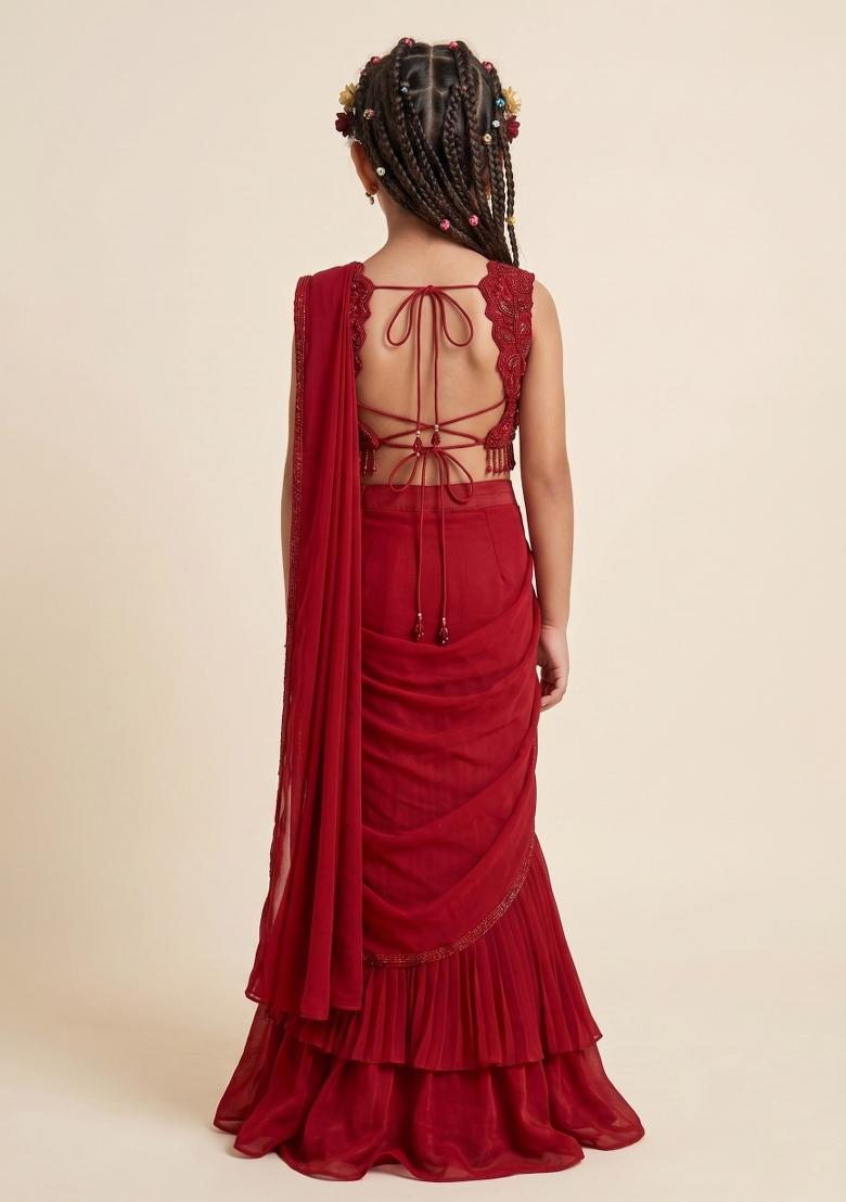 Red Crepe Handwork Pre Draped Saree Set For Girls - Indya