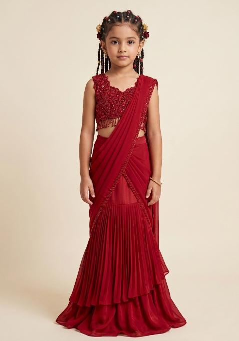 Red Crepe Handwork Pre Draped Saree Set For Girls