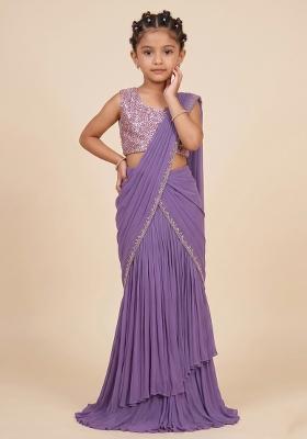 Purple Crepe Handwork Pre Draped Saree Set For Girls
