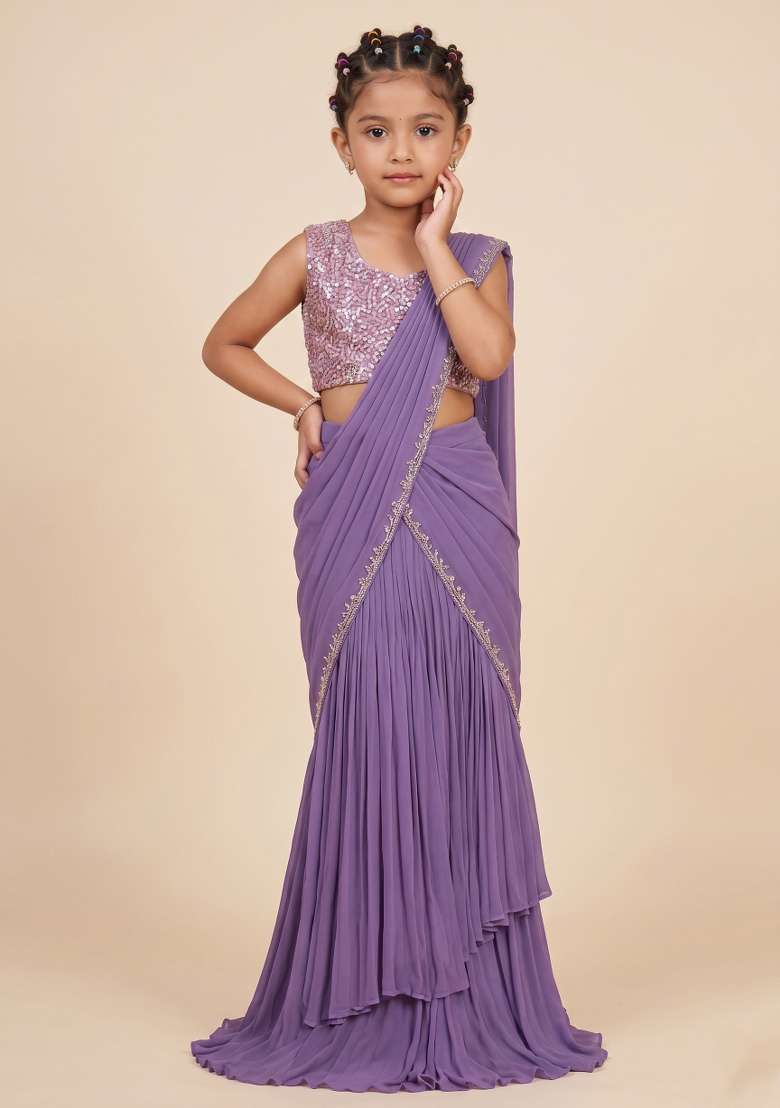 Purple Crepe Handwork Pre Draped Saree Set For Girls - Indya