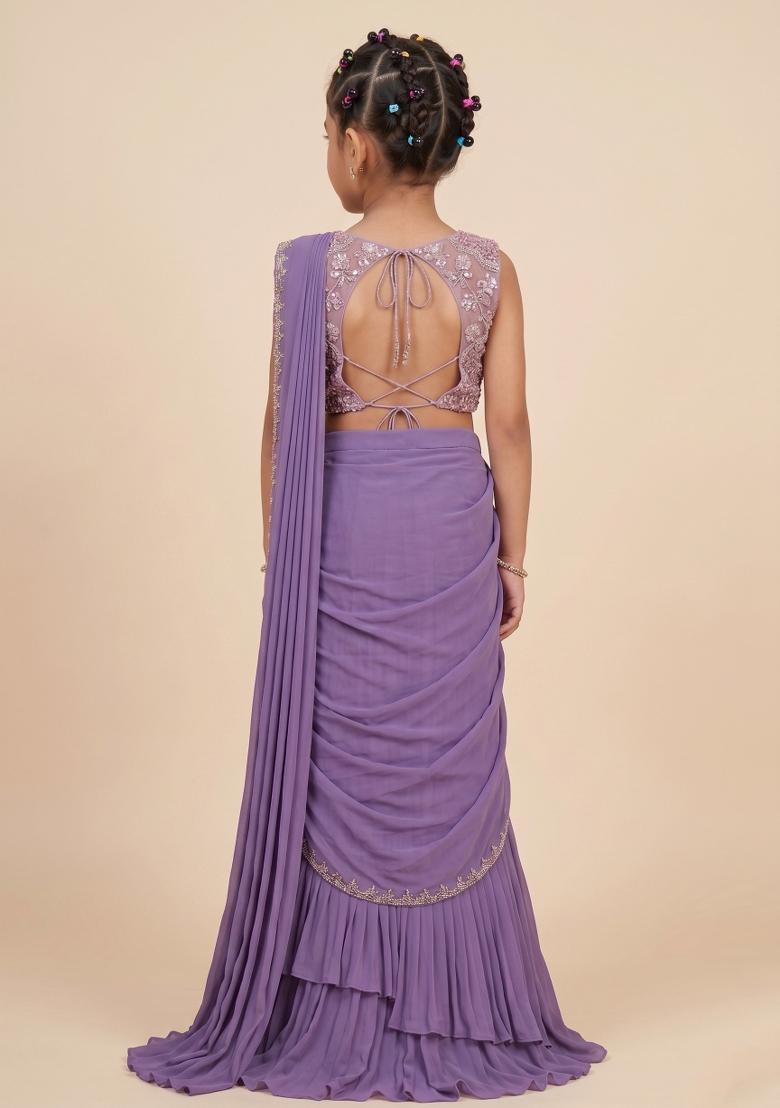 Purple Crepe Handwork Pre Draped Saree Set For Girls - Indya