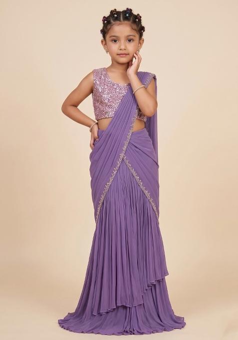 Purple Crepe Handwork Pre Draped Saree Set For Girls