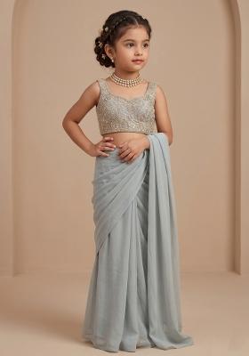 Pastel Green Georgette Embroidered Handwork Pre Draped Saree Set For Girls