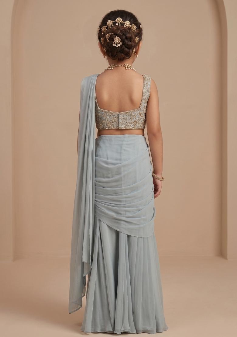 Pastel Green Georgette Embroidered Handwork Pre Draped Saree Set For Girls - Indya