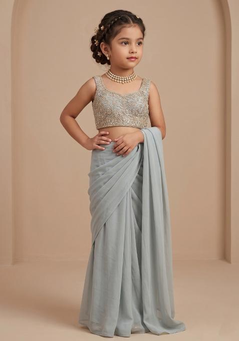 Pastel Green Georgette Embroidered Handwork Pre Draped Saree Set For Girls