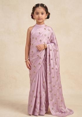 Baby Pink Embroidered Silk Pre Draped Saree Set For Girls