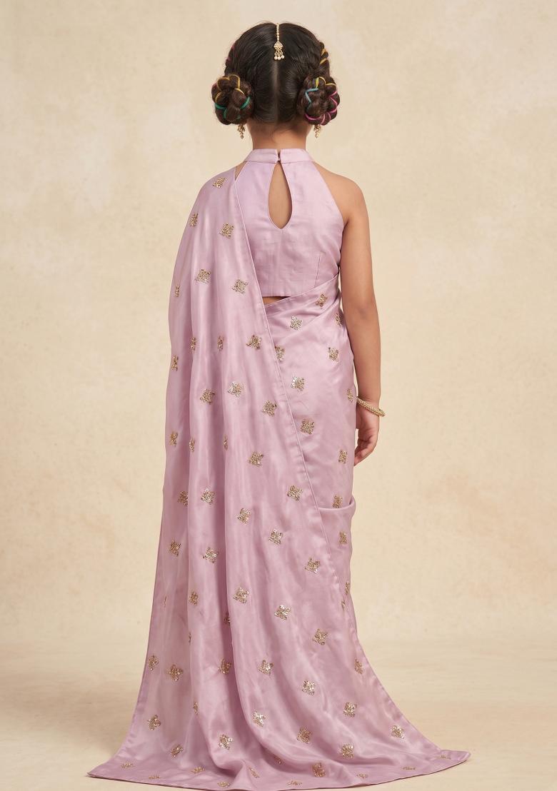 Baby Pink Embroidered Silk Pre Draped Saree Set For Girls - Indya