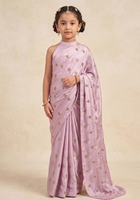 Baby Pink Embroidered Silk Pre Draped Saree Set For Girls