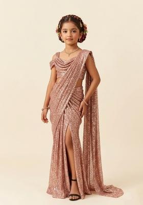 Rose Gold Embellished Lurex Pre Draped Saree Set For Girls