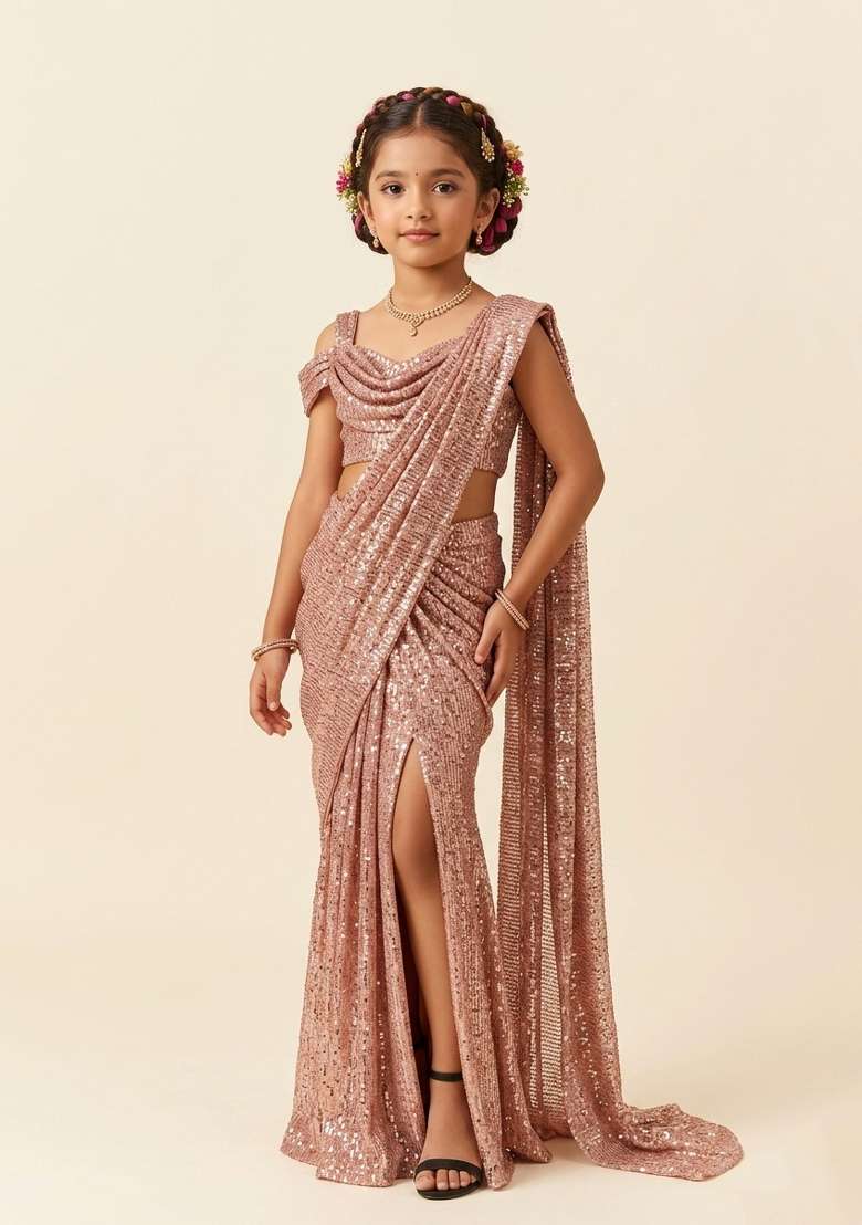 Rose Gold Embellished Lurex Pre Draped Saree Set For Girls - Indya