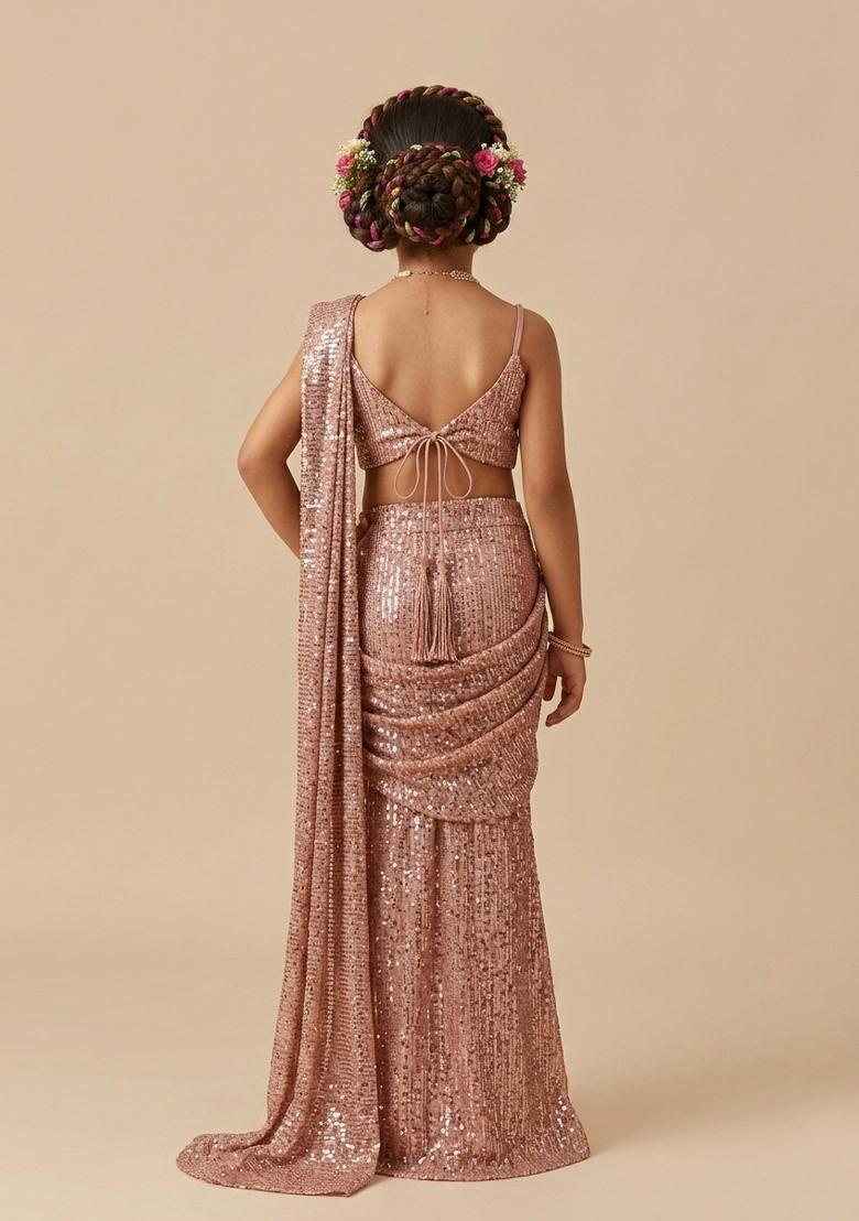 Rose Gold Embellished Lurex Pre Draped Saree Set For Girls - Indya