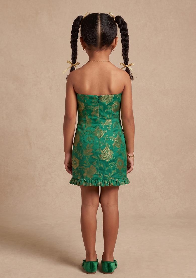 Girls Green Embroidered Brocade Dress - Indya