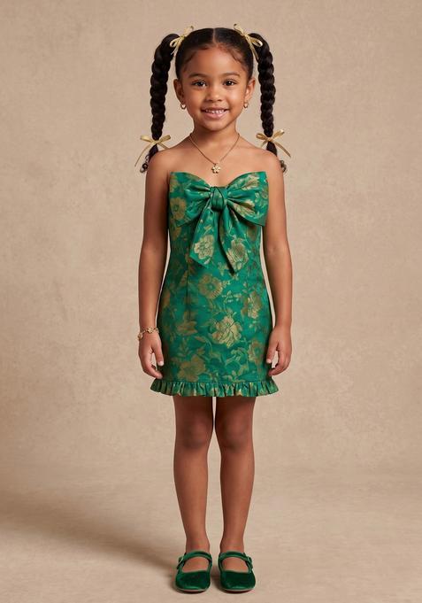 Girls Green Embroidered Brocade Dress