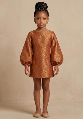 Girls Rust Embroidered Brocade Dress