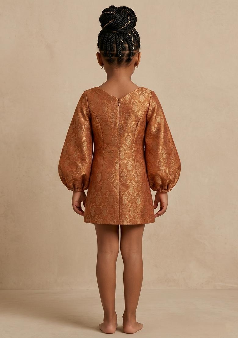 Girls Rust Embroidered Brocade Dress - Indya