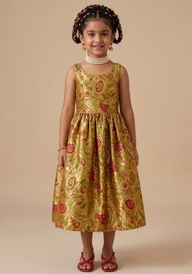 Girls Multicolor Embroidered Brocade Dress