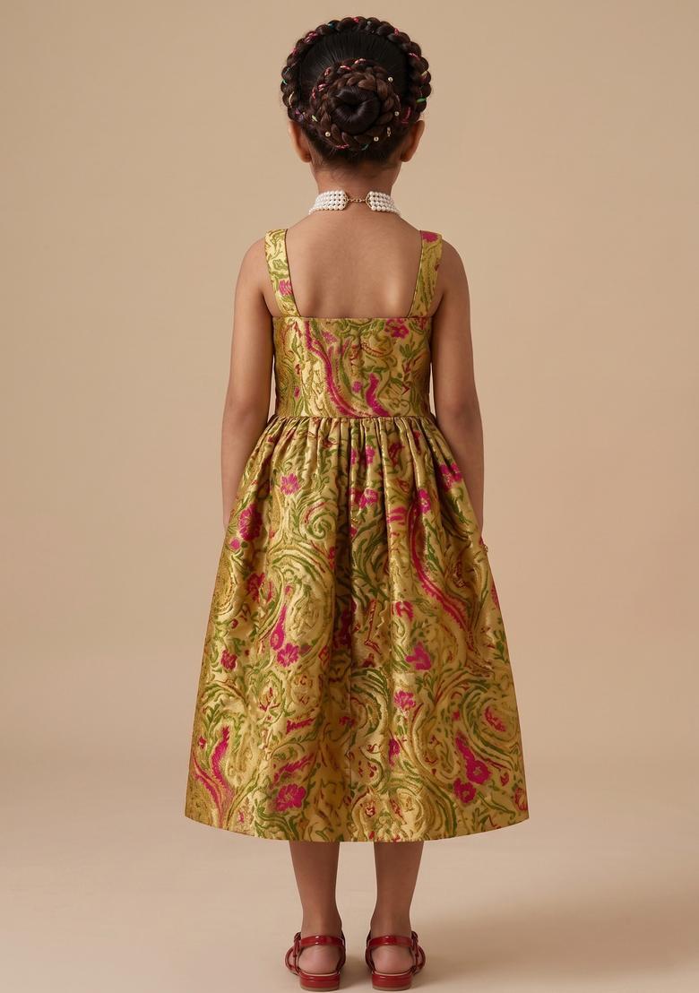 Girls Multicolor Embroidered Brocade Dress - Indya