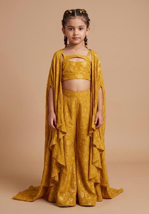 Girls Yellow Printed Chiffon Fusion Set