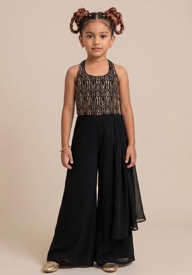Girls Black Embroidered Blouse Georgette Fusion Set