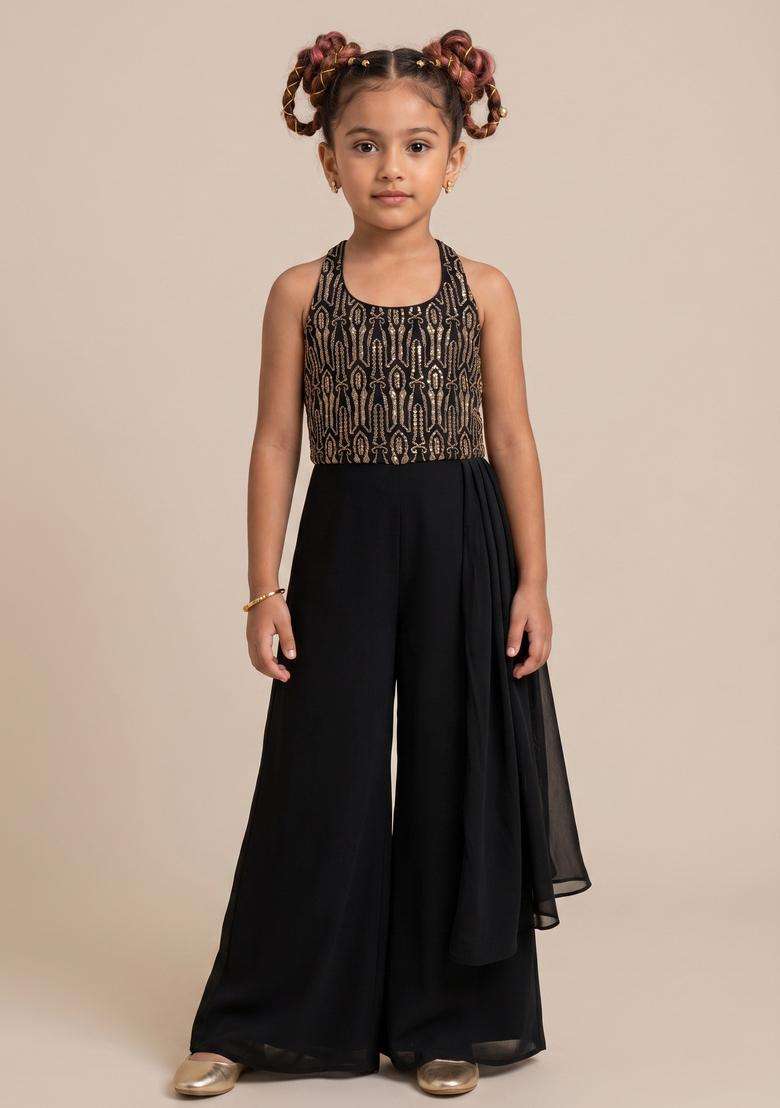 Girls Black Embroidered Blouse Georgette Fusion Set - Indya